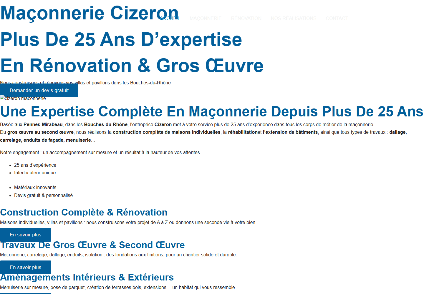 Maçonnerie Cizeron website homepage preview