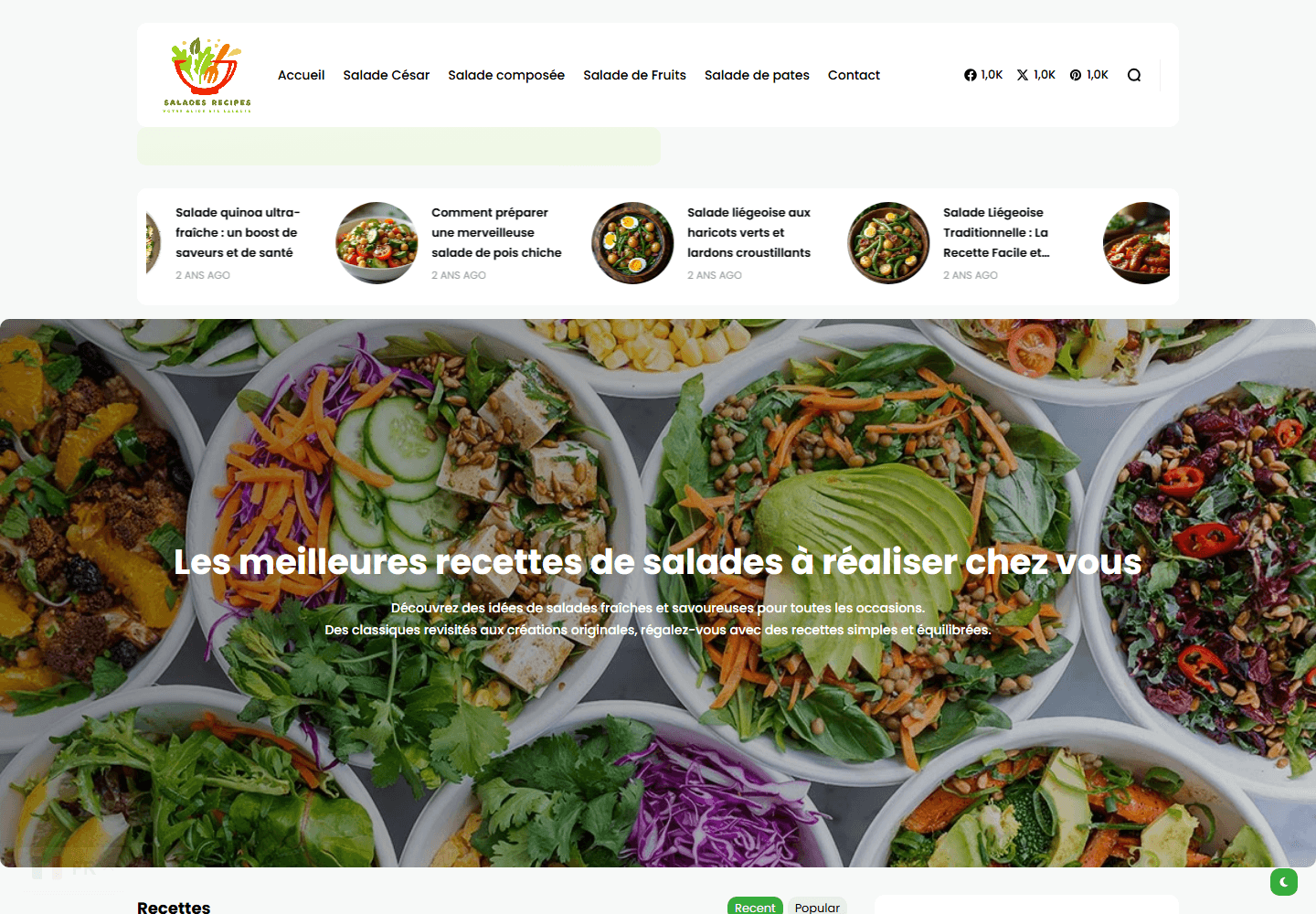 Salade Recipes website homepage preview