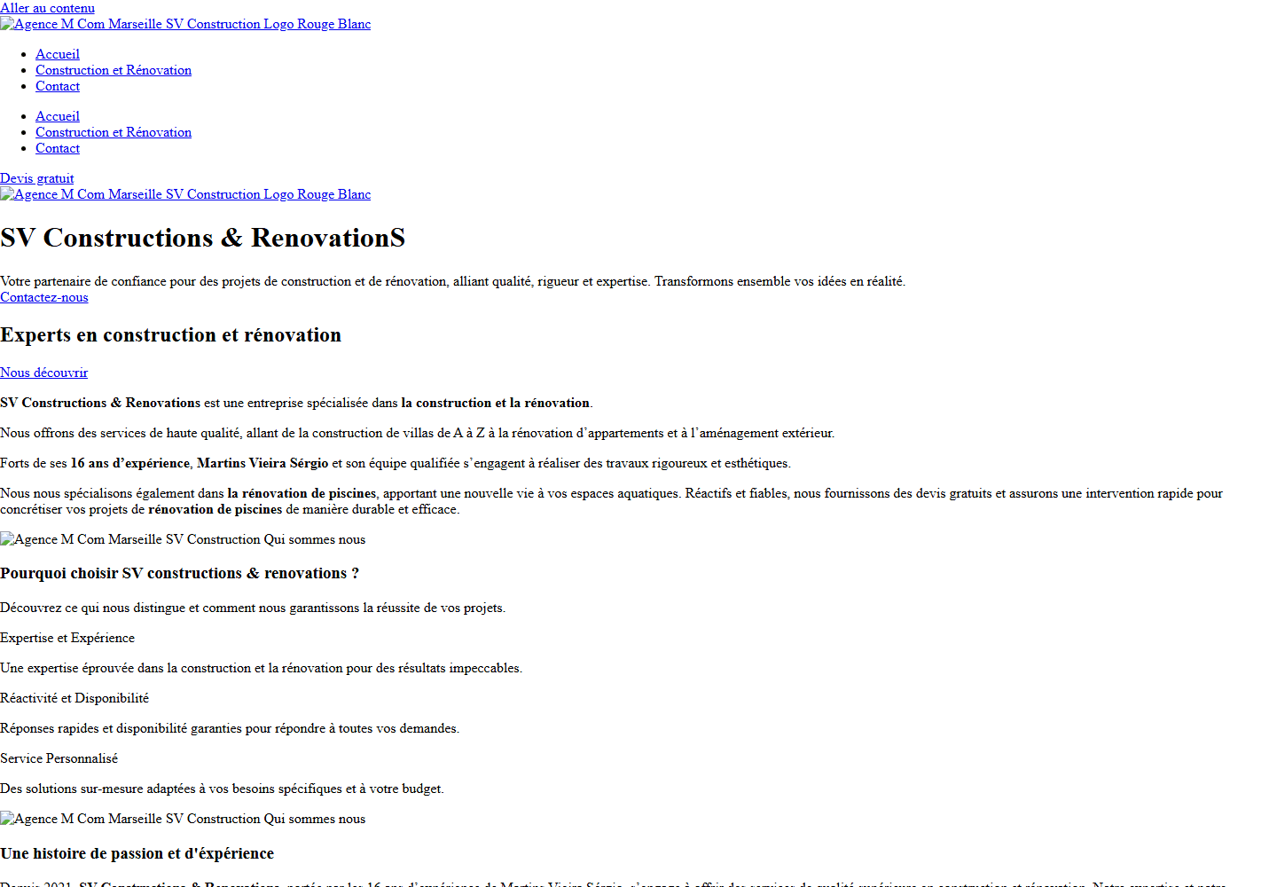 SV Constructions website homepage preview